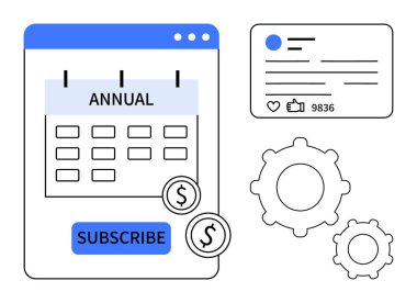 Takvim tasarımı, ödeme ikonları, sosyal medya nişan kartı ve vitesli yıllık abonelik formu. Üyelik hizmetleri, ödeme sistemleri, kullanıcı bağlılığı, sosyal ölçüler, uygulama için ideal