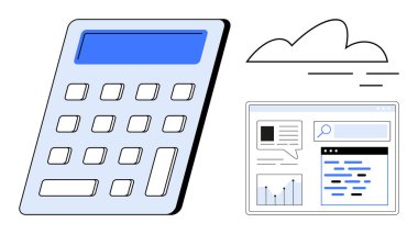Hesap makinesi, bulut simgesi ve veri analizi paneli finans, teknoloji, iş ve dijital çözümler öneriyor. Muhasebe, bulut hesaplama, analitik finans finansman uygulamaları için ideal