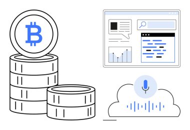 Bir yığın Bitcoin madeni para, bir web analiz paneli ve ses tanıma sistemi olan bir bulut engelleme zinciri, yapay zeka ve fintech fırsatları gösteriyor. Kripto para birimi, analitik, yapay zeka araçları ve fintech için ideal