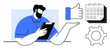 Pano tutan adam, takvim, baş parmak yukarı, planlama, onay, verimlilik, verimlilik, görev yönetimi takım çalışması çalışmalarını temsil eden vites simgesi. Üretkenlik uygulamaları için ideal