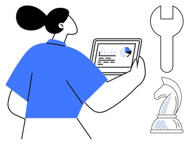 Tabletteki analizleri inceleyen kişi, yanında bir satranç şövalyesi ve İngiliz anahtarı var. Veri analizi, strateji, planlama, problem çözme, yenilik, karar verme, düz metafor için ideal