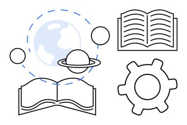 Gezegen unsurları ve eğitimi, bilimsel keşfi ve yaratıcılığı sembolize eden bir donanım içeren açık kitaplar. Öğrenme, bilim, yenilik, teknoloji, takım çalışması, araştırma odaklı basit