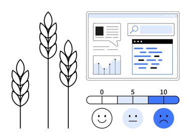 Buğday sapları dijital analiz arayüzü, grafik, arama çubuğu ve geri bildirim ölçeği ile birlikte. Tarım, veri analizi, araştırma, kullanıcı araştırmaları, sürdürülebilirlik teknolojisi benimsenmesi için ideal basit