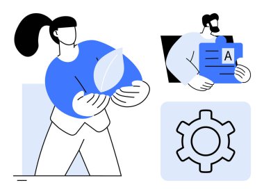 Kadın yaprak tutuyor, adam belgeye sahip, dişli ikonu sürdürülebilirliği simgeliyor, takım çalışması, yenilik, büyüme, eko-arkadaşlığı. İş stratejisi ve yeşil teknoloji takım çalışması projeleri için ideal