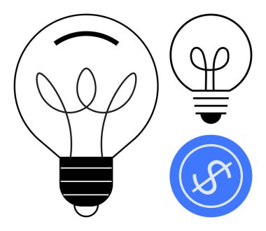 Klasik ampuller bir dolar işareti içeren mavi bir daire ile eşleştirildi, fikirler, yenilik, finans ve yaratıcılık kavramları birleştirildi. İş, beyin fırtınası, ekonomi ve finansal planlama için ideal