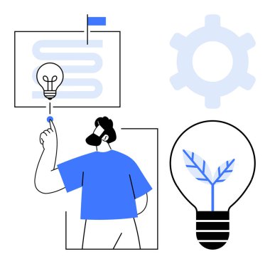Ampul, soyut yol haritası, teçhizat, çevre dostu ampul tasarımı ile etkileşime giren bir adam. Yenilik, çözümler, sürdürülebilirlik, strateji teknolojisi yaratıcılığı büyütmek için idealdir. Düz basit metafor