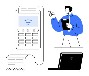 Dijital kart okuyucusunun yanında elinde fiş ve dizüstü bilgisayarla pano tutan adam. Ödeme işlemleri, finans, sunumlar, e-ticaret, mobil bankacılık, fintech, düz basit metafor için ideal
