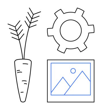 Yapraklı havuç, vites sembolü ve dağlarla ve güneşle çerçevelenmiş manzara çizimi. Sürdürülebilirlik, yaratıcılık, tarım, yenilik, teknoloji, mühendislik basit iniş sayfası için ideal
