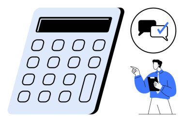 Aritmetik odağı belirleyen hesap makinesi ile kontrol listesi içeren baloncuklar. Analiz, planlama, karar verme, finans, eğitim ve organizasyonu içeren profesyonel fikirleri sunma