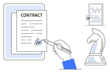 Kağıt kalem, bitcoin stok grafiğini gösteren dijital ekran ve strateji için satranç şövalyesi içeren el imzalı sözleşme belgesi. İş, ticaret, kripto para birimi, planlama, yatırım, anlaşma için ideal