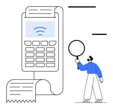 Faturası ve kablosuz ikonu olan ödeme terminali büyüteçle detayları inceleyen kişi. Finans, denetim, teknoloji, ödeme sistemleri, analiz, işlem güvenliği için ideal