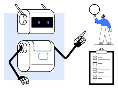 Robot kontrol listesine işaret ediyor. Görevleri tamamlanmış bir balonu panonun yanında tutan kişi. Yapay zeka, üretkenlik, otomasyon, yardım, görev yönetimi, takım çalışması, basit iniş sayfası için ideal