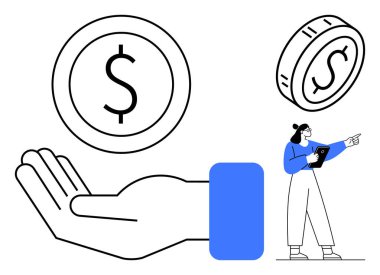 El destekleyici madeni para, yüzen ikinci para, tabletle işaret eden iş kadını. Finans, yatırım, iş stratejisi, bütçe, tasarruf, ekonomik planlama için ideal