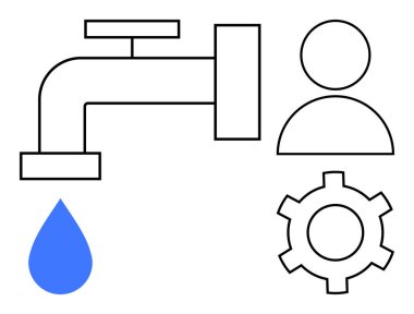 Su musluğu salınımı, insan profili ve dişli ikonu su tasarrufu, kaynak yönetimi, sürdürülebilirlik, otomasyon, kullanıcı arayüzü, eko-teknolojiyi iletir. Su tasarrufu uygulamaları için ideal