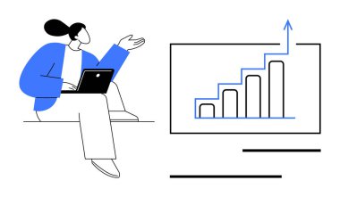 Dizüstü bilgisayarlı bir kadın yükselen okla büyüme grafiğine doğru hareket ederek analitiği paylaşıyor. İş için ideal, veri analizi, takım çalışması, büyüme stratejisi, eğitim, sunum, düz basit