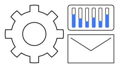 Dişlileri sembolize etme süreci, analitik için bar çizelgesi, iletişim için zarf. Çalışma akışı, strateji, iş dünyası, takım çalışması, organizasyon, proje planlaması için ideal basit bir iniş sayfası