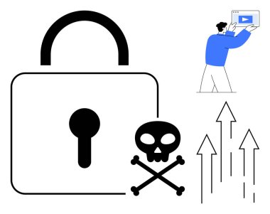 Büyük asma kilit, kafatası ve çapraz kemikler tehditleri simgeliyor. Riskleri temsil eden oklar, dizüstü bilgisayarı olan insanlar. Siber güvenlik, veri koruması, şifreleme, çevrimiçi güvenlik, bilinçlendirme tehdidi için ideal