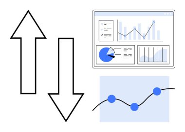 Eğilimleri vurgulayan oklar, grafiklerle etkileşimli gösterge paneli ve çizgi grafik izleme büyümesi. İş stratejisi, mali eğilimler, veri izleme, analitik, performans izleme, pazar için ideal