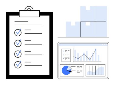 Görev listeli pano, analiz tablosu, depo kutuları. Lojistik, üretkenlik, iş akışı, veri analizi, planlama, yönetim için ideal basit iniş sayfası