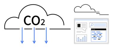 Dijital analitik arayüzle eşleştirilmiş, indirgenmeyi temsil eden oklu CO2 bulutu. Sürdürülebilirlik, çevre, teknoloji, yenilik, bilim, eğitim için ideal basit
