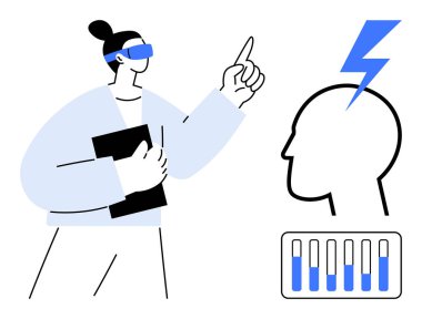 VR gözlük takan ve yukarı bakan bir not defteri tutan, fikirleri temsil eden bir yıldırım ile soyut bir kafa, enerji göstergesi. Yenilik, teknoloji, beyin fırtınası, yaratıcılık için ideal