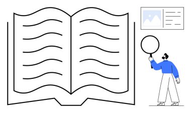 Dalgalı çizgileri olan açık bir kitap, büyüteç tutan bir araştırmacı çerçeveli bir resim ve metin düzeni. Eğitim, öğrenim, araştırma, okuma, analiz sunumu için ideal basit bir iniş sayfası