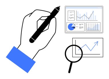 Kalemle el yazısı, grafiklerin yanında büyüteç, ekranlarda çizelgeler, ve veri görselleştirmeleri. Analiz, strateji, araştırma, planlama, eğitim teknolojisi için ideal basit iniş sayfası