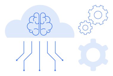 Dişlilere bağlı sinirsel çizgileri olan beyin bulutu yapay zekayı, otomasyonu ve yeniliği sembolize ediyor. Teknoloji, veri analizi, makine öğrenimi, ağ oluşturma, bilişim yaratıcılığı için ideal basit