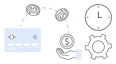 Kredi kartı, saat ve teçhizatla birlikte para transferi. Ödeme hızı, yönetim ve verimliliği simgeliyor. Fintech, ödeme sistemleri, otomasyon, tasarruf ve verimlilik için ideal