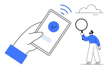 Akıllı telefon görevi tamamladı, büyüteçle konuşan kişi ve bulut. Üretkenlik, arama, görev yönetimi, teknoloji, uygulamalar, minimal tasarım sade iniş sayfası