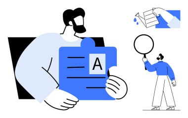 Adam elinde bir bulmaca parçası tutuyor, detayları büyütüyor ve şişeden sıvı döküyor. Sorun çözme, eğitim, takım çalışması, araştırma, keşif, basit iniş sayfası için ideal