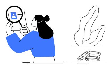 Bir kadın elinde büyüteçle bir belgeyi tutuyor ve inceliyor. Bitkiler ve bozuk paralar yakınlarda. Kişisel veri koruması, kimlik doğrulama, askere alma, finans, belgeler, çevrimiçi için ideal