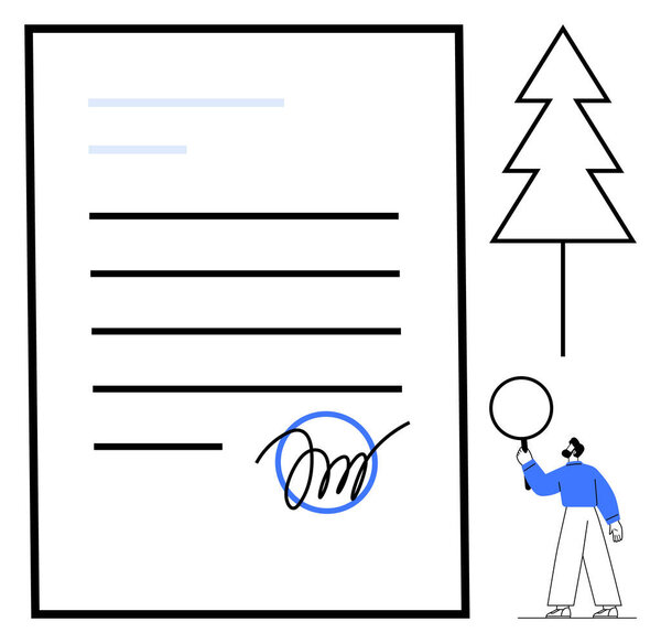Signed document beside abstract tree and figure holding a balloon. Ideal for agreements, environment, contracts, ecology, sustainability, legal topics, and a simple landing page