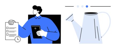 Kontrol listesi ve saati olan adam tablet tutuyor, sulama kutusunun yanında. Planlama, üretkenlik, zaman yönetimi, büyüme, organizasyon, görev öncelikleri, basit iniş sayfası için ideal