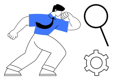 Kendine güvenen adam harekete geçer, büyüteç ve vites unsurlarıyla tamamlanır. Sorun çözme, araştırma, yenilik, liderlik, üretkenlik, iş stratejisi, basit iniş sayfası için ideal