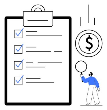 Kontrol işaretli görev listesi, hedefleri belirten büyük para birimi simgesi, boş bir daire tutan kişi. Üretkenlik, planlama, finans, iş stratejisi, hedef belirleme, organizasyon için ideal