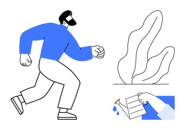 Hareket eden bir adam, sulama tenekesiyle bir bitkinin üzerine su döken bir el. Büyüme, çevre, motivasyon, ilerleme, ekoloji, takım çalışması için ideal, basit iniş sayfası