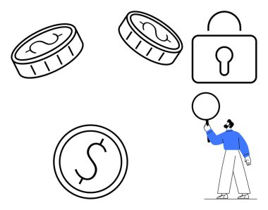 Bozuk paralar, asma kilit ve yükseltilmiş daire ile mavi süveter, finans, güvenlik ve yaratıcılığı akla getiriyor. Fintech, Tasarruf, Güvenlik, Yatırım Ekonomisi Veri Koruması için idealdir Basit iniş sayfası