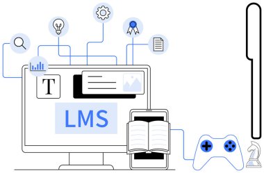 LMS arayüzünü gösteren bilgisayar, mobil aygıt üzerine açık kitap, analitik, ayarlar, sertifikalar, belge paylaşımı ve gamifikasyon ögeleri için simgeler. Eğitim ve e-öğrenme teknolojisi için ideal