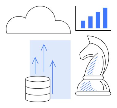Bulut şekli, bar grafiği, yukarı doğru oklu veri tabanı ve veri, büyüme ve stratejik düşünceyi sembolize eden satranç şövalyesi. Yenilik, iş planlaması, teknoloji liderliği için ideal