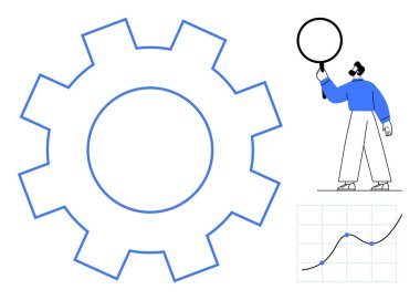 Geniş dişli ana hatları, büyüteç incelemesi ve büyüme grafiği olan biri. Yenilik, üretkenlik, analiz, takım çalışması, veri, stratejiler için ideal basit iniş sayfası