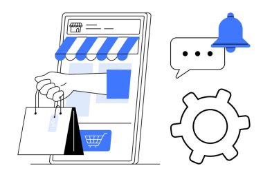 Mobil cihaz mağaza önü, el çantası, bildirim zili, sohbet balonu ve ayarlar. E-ticaret, çevrimiçi alışveriş, uygulama tasarımı, iş çözümleri müşteri bildirimleri için ideal