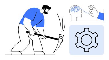 Kazmayla temel atma, sembolik beyin ayarlaması ve mekaniği sembolize eden vites. Problem çözme, yenilik, verimlilik, emek, mühendislik, strateji, basit iniş sayfası için ideal