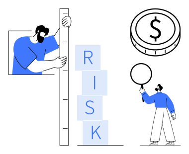 Ölçümleme riskleri bloklar, madeni parayı sembolize eden madeni para, bir diğeri büyüteç tutuyor. Finans, strateji, risk yönetimi, analiz, yatırım, iş büyümesi için ideal