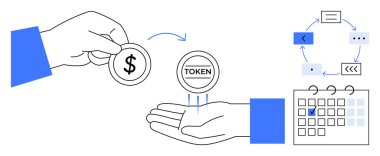 Düz ve soyut bir şekilde jeton karşılığı bir dolar karşılığı. Oklarla dairesel iş akışı, işaretli tarihli takvim. Ekonomi, döviz, blok zinciri, planlama, iş akışı işlemleri için ideal