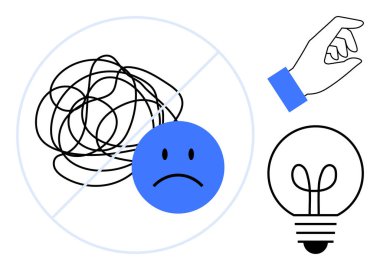 Karmaşık çizgiler çizilmiş, üzgün yüz yerine yenilikçi düşünceyi sembolize eden bir ampul ve el hareketi gelmiş. Yaratıcılık, problem çözme, karar verme, beyin fırtınası, zihin fırtınası için ideal.