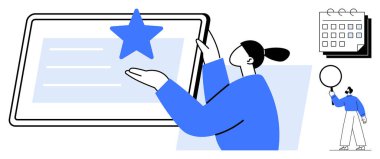 Kadın figürü ekranda bir yıldız, takvim ve balon tutan bir kişi ile el kol hareketi yapar. Üretkenlik, takım çalışması, etkinlik organizasyonu, hedef belirleme, görev yönetimi, tasarım iş akışı için ideal basit