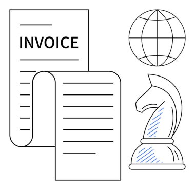 Fatura belgesi, satranç şövalyesi ve dünya. Küresel ticaret, strateji, finans, iş planlaması, girişimcilik ticareti ve karar verme süreci için idealdir. Düz basit metafor