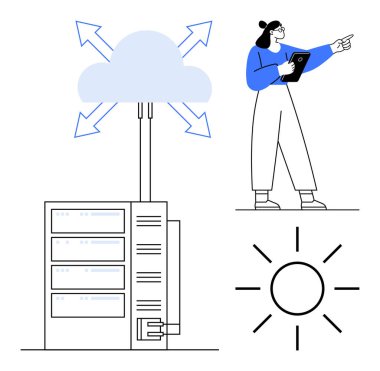 Oklarla sunucuya bağlanan bulut, tabletle verilere erişen kullanıcı ve ışıl ışıl güneş. Bulut çözümleri, veri depolama, sunucu yönetimi, teknoloji etkileşimi, ağ güvenliği, bilişim için ideal