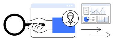 Web kullanıcı profiline odaklanan büyüteç, grafik ve grafikleri gösteren analitik gösterge paneli ve veri akışını gösteren oklar. Analiz, kullanıcı araştırması, veri takibi ve iş büyümesi için ideal